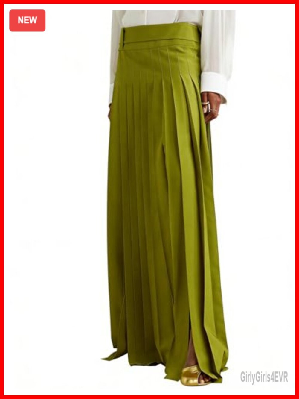 Pleated Maxi Skirt High Waisted Flowy Slit Floor Length Loose Fit